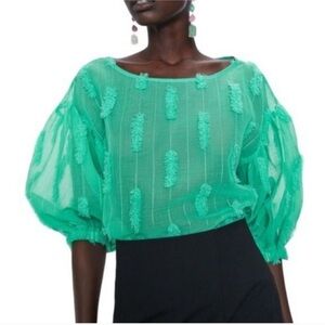 Zara sheer bright green textured puff sleeve blouse